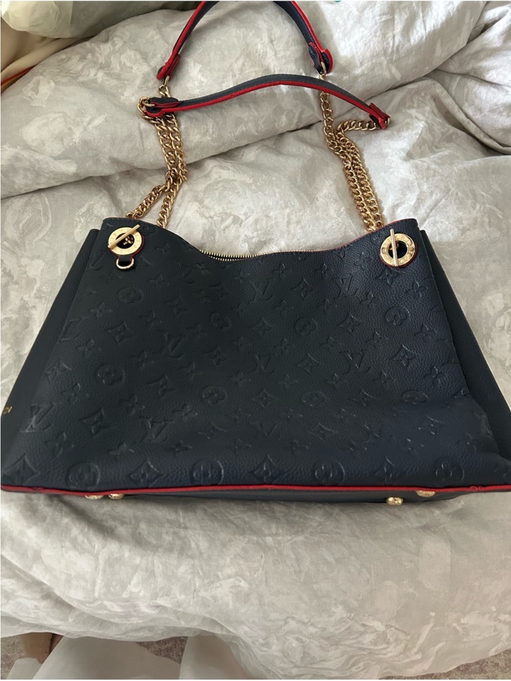 Navy Blue Monogram Embossed Leather Shoulder Bag with Gold Chain Accents